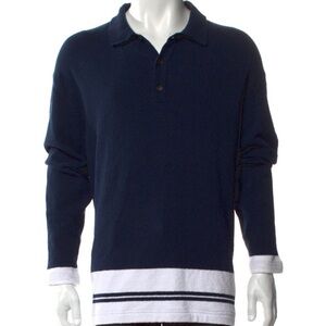 Lanvin Navy Polo Sweater with White Striped Hem